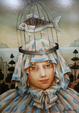 BOULLOCHE, Femme coiffée d'une cage avec un poisson. Huile sur panneau