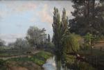 BOPP DUPONT. Paysane au bord d'une rivière. Huile sur toile signée