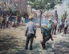 Les joueurs de pétanque. Huile sur toile signée en bas à droite,