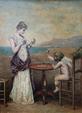 M. JURY. Femme jouant aux cartes avec un amour en bord de mer. Huile
